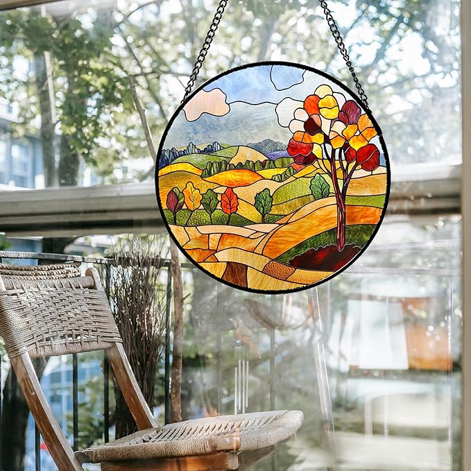 QZQCBLC Stained Glass Window Hanging Orange Mountains Trees Farm Landscape Large 15" - Suncatcher Door Garden Sun Catcher Home Decor Birthday Christmas for Mom Men Woman Friend