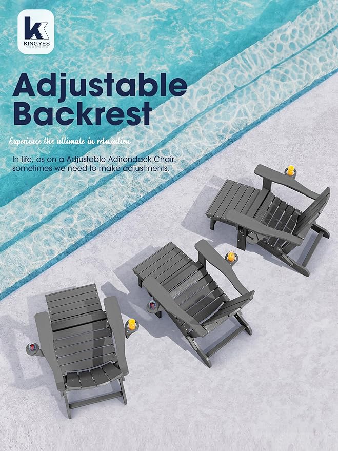 KINGYES Folding Adjustable Adirondack Chair with Retractable Ottoman Set of 2, HDPE All Weather Chair with Cup Holder, Wood-Like Reclining Adirondack Outdoor Chair - Versatile Adirondack Chair, Grey