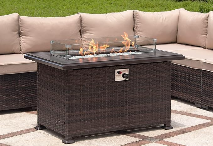 43" Wicker Outdoor Propane Gas Fire Pit Table with Rectangle Fire Pit Lid,55000 BTU Auto-Ignition Table Fire Pit w/Glass Wind Guard, Glass Rock for Outdoor,ETL Certified