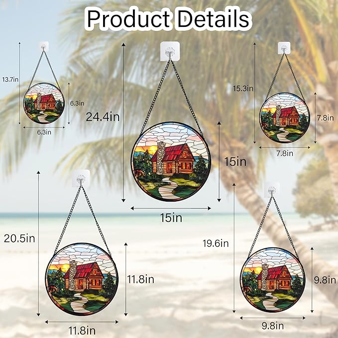 QZQCBLC Stained Glass Window Hanging Red Wooden House Pastoral Scenery 6.3" - Suncatcher Door Garden Sun Catcher Home Decor Birthday Christmas for Mom Men Woman Nana Friend
