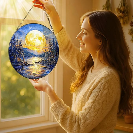 8'' Full Moon Over Forest Lake Suncatcher Ornament, Stained Glass Window Hanging, Sun Catchers for Windows Hanging Ornaments, Window Decor | Gifts for Christmas, Birthday, Father's Day