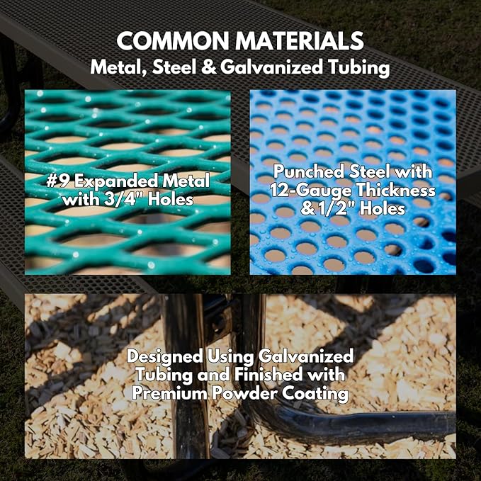 COATEDOUTDOORFURNITURE Heavy-Duty Outdoor Bench Thermoplastic Coated, Punched Steel, Commercial-Grade Seating, Made in America (Inground with Back, 8 Ft, Textured Dark Green)