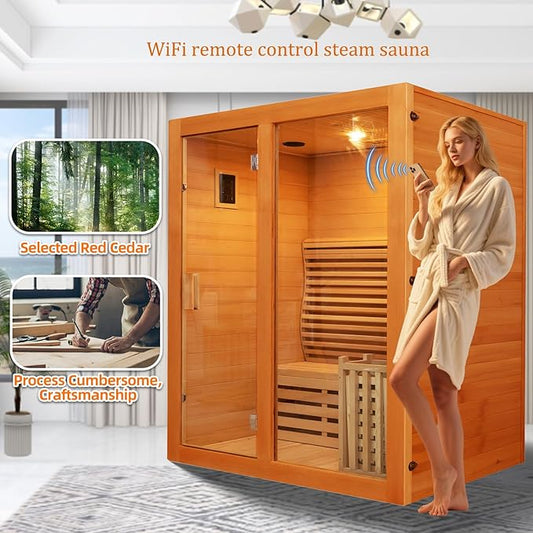 ZONEMEL Wooden Steam Sauna Room, 2-3 Person Canadian Red Cedar Luxurious Indoor Sauna with 4.5 KW Harvia Stove Heater, WiFi Control, Sauna Stone, Wooden Bucket, Scoop, Reading Light, Hourglass, 220V