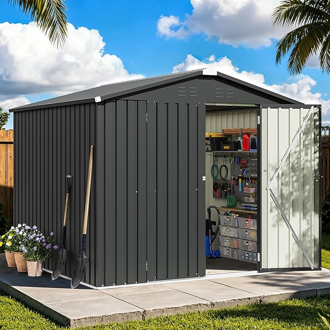 Patiowell 8x8 FT Outdoor Storage Shed, Heavy Duty Tool Storage Sheds with Lockable Doors and Updated Frame Structure for Backyard Patio Lawn, Black