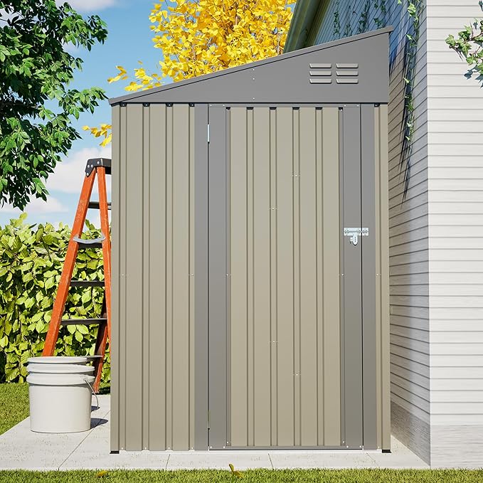 4x7 FT Outdoor Storage Shed Lean to Shed,Metal Shed W/Lockable Door & Air Vent,All Weather Waterproof Garden Tool House W/Reversible Installation,for Backyard,Patio,Lawn,Olive Gray