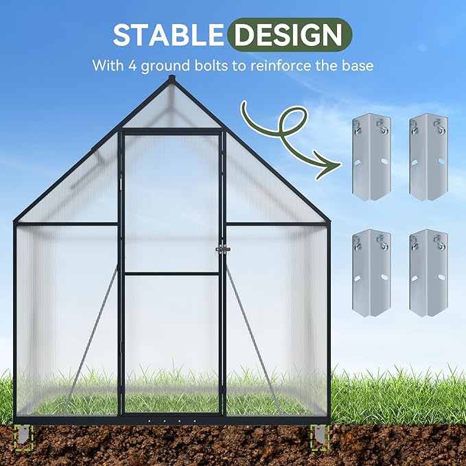 Aoxun 4x6 FT Outdoor Greenhouse,Sturdy Aluminum Frame, Polycarbonate Panels, Roof Vent, Ground Nails, Lockable Door,Quick Setup for Garden and Backyard, Black