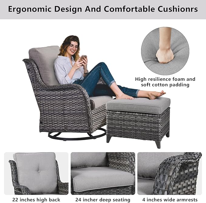 Belord 4 Pieces Patio Furniture Sets, Wicker Patio Swivel Glider Chair with Ottomans, Outdoor Furniture Set for Outside Porch, Deck, Balcony, Garden