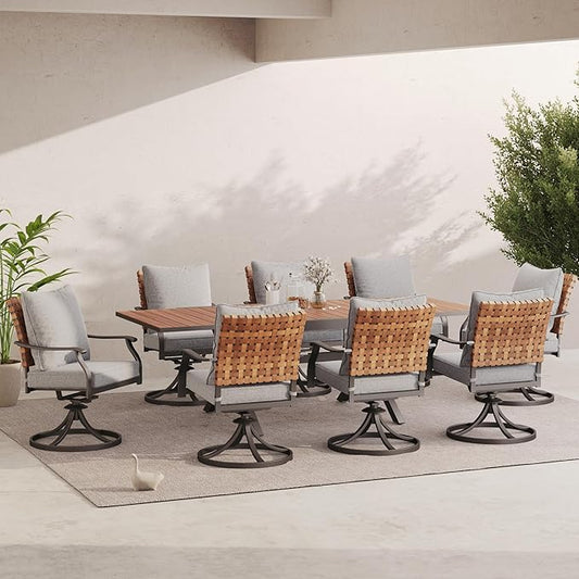 Grand patio 9-Piece Outdoor Dining Set, 8 Leather-Look Wicker Swivel Patio Chairs & 1 Extendable Rectangular Dining Table, Brown