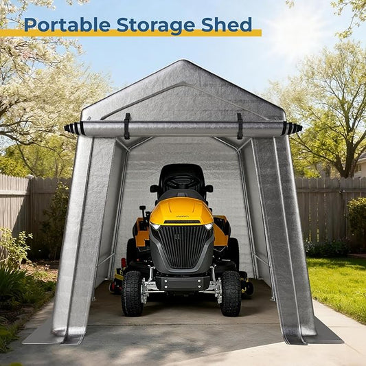 7 x 10 FT Carport, Portable Shed w/220G Heavy Duty Waterproof PE Tarp, Roll-up Zipper Door & Vent, Weather-Resistant Storage Shed for Motorcycle, Bike and Tools, Gray