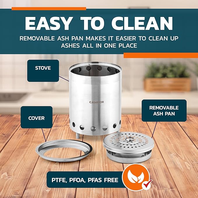 Wood Burning Fire Pit Stove - Smokeless Outdoor Stove for Efficient Wood Fires, Camping, Cooking, and Garden Gatherings, Durable, Stainless Steel with Removable Ash Pan, Stand and Carry Bag