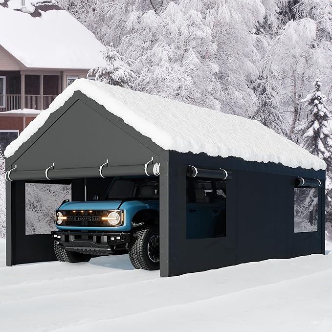 Walsunny Carport, 12x20 ft Heavy Duty Carport Canopy with Roll-up Windows, Portable Garage with Removable Sidewalls & Doors, Car Canopy with All-Season Tarp for Car, Truck, Boat