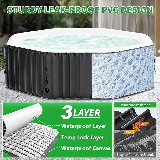 Inflatable Hot Tub, 4-6 Person Polygon Portable Blow Up Hot Tub, Leak-Proof PVC Outdoor Spa with 130 Strong Air Jets, Heater Pump and Insulated Cover, 77” X 77”X 25”