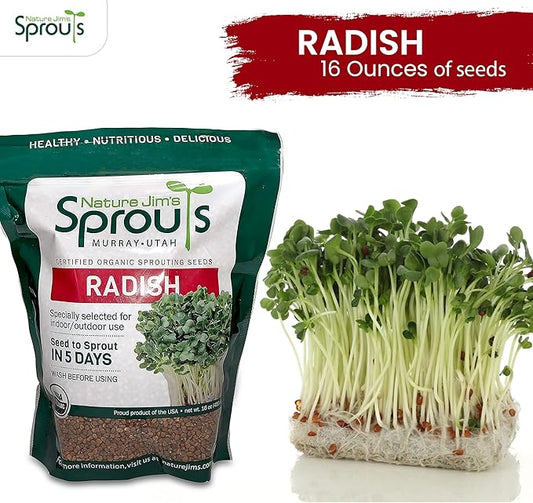 Nature Jims Radish Sprout Seeds – 16 Ounce Organic Sprouting Seeds – Non-GMO Premium Radish – Resealable Bag for Longer Freshness Rich in Vitamins, Minerals, Fiber