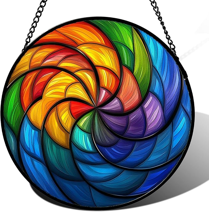 QZQCBLC Stained Glass Window Hanging Rainbow Colored Abstract Vortex Large 15" - Suncatcher Door Garden Sun Catcher Home Decor Birthday Christmas for Woman Nana Friend Men