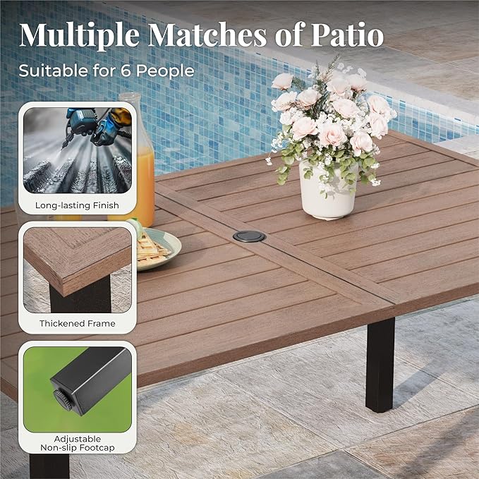 Patio Table and Chairs Set, Outdoor Dining Set for 6 with Red Chairs and Teak Color Tabletop Outdoor Dining Table, 7-Piece Patio Furniture Set for Deck Backyard Lawn