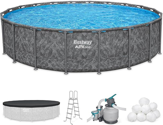 Bestway APX 365 20' x 52" Round Above Ground Swimming Pool Outdoor Backyard Framed Pool Set with Sand Filter Pump, Ladder, and Cover, Dark Marble