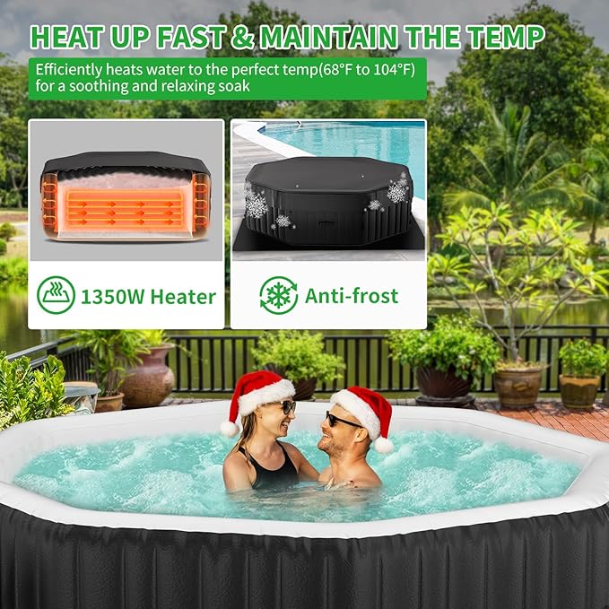 4-6 Person Inflatable Hot Tub, Polygon Portable Blow Up Hot Tub, Leak-Proof PVC Outdoor Spa with 130 Strong Air Jets, Heater Pump and Insulated Cover, 77” X 77”X 25”