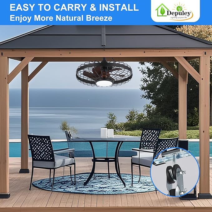 Depuley Gazebo Fans Outdoor Hanging: 20 Inch Black and Walnut Plug In Caged Outdoor Fan with Light and APP Remote Control - Waterproof Ceiling Fan for Patio Porch Pergola Reversible DC Motor