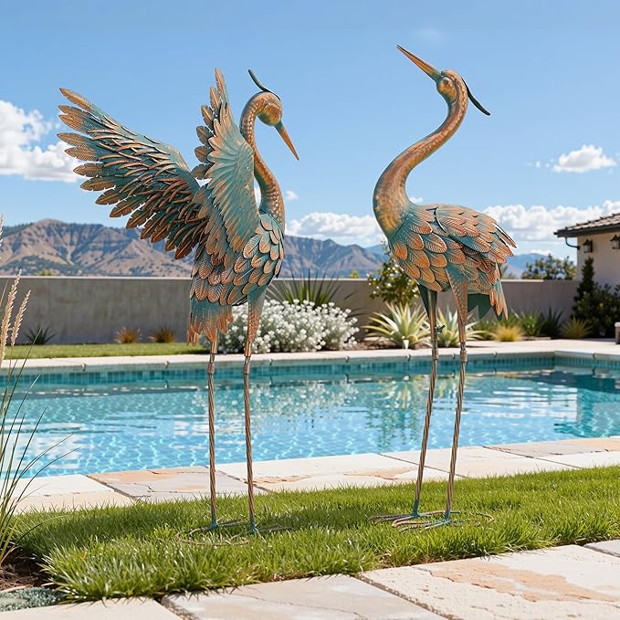 Ultym Extra-Large 36.8" Metal Crane Garden Statue, Handcrafted Blue Heron Decor Sculptures with Stable U-Ground Stakes, Backyard Decoration, Metal Garden Bird Animal Yard Art, Lawn Ornament Decor