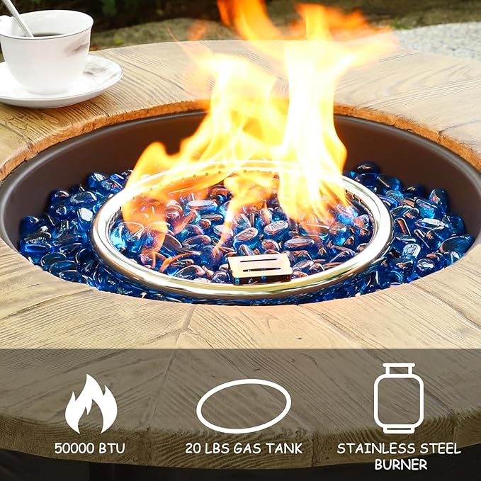 30 Inch Round Propane Fire Pit Table,50000 BTU Outdoor Fire Pit with Automatic Ignition & Lid Cover,Portable Iron Steel Firepit for Patio,Deck,Backyard Garden w Glass Stones & Rain Cover