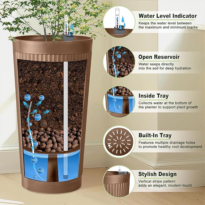 24" Tall Self Watering Planters for Indoor Plants, 2 Pack Large Plastic Outdoor Planter Pots with Built-In Water Reservoir and Level Indicator, Decorative Modern Flower Pots for Home & Patio (Brown)