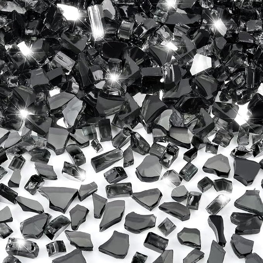 GasSaf 1/4 Inch Fire Glass Reflective Tempered Fireglass Cut Crushed FireGlass for Fire Pit, Fireplace, Replaces Existing Gas Logs & Lava Rocks (10 Pound)(Black Reflective)