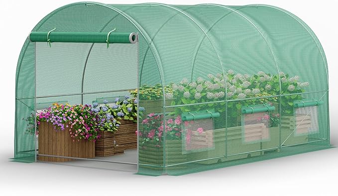 Walk-in Greenhouse 13×8×7FT, Outdoor Tunnel Greenhouse, Large Plant Hoop House for Outside, Hot House for Winter with 6 Ventilated Mesh Windows, Galvanized Steel Frame (Green, 13×8×7FT)