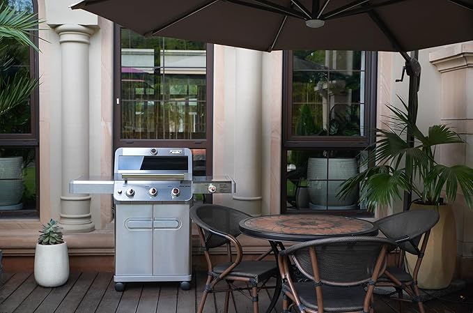 Monument Grills Outdoor Barbecue Stainless Steel 3 Burner Propane Gas Grill, 48,000 BTU Patio Garden Grill with Side Burner and Knob Controls, Mesa305 with Smoker Box