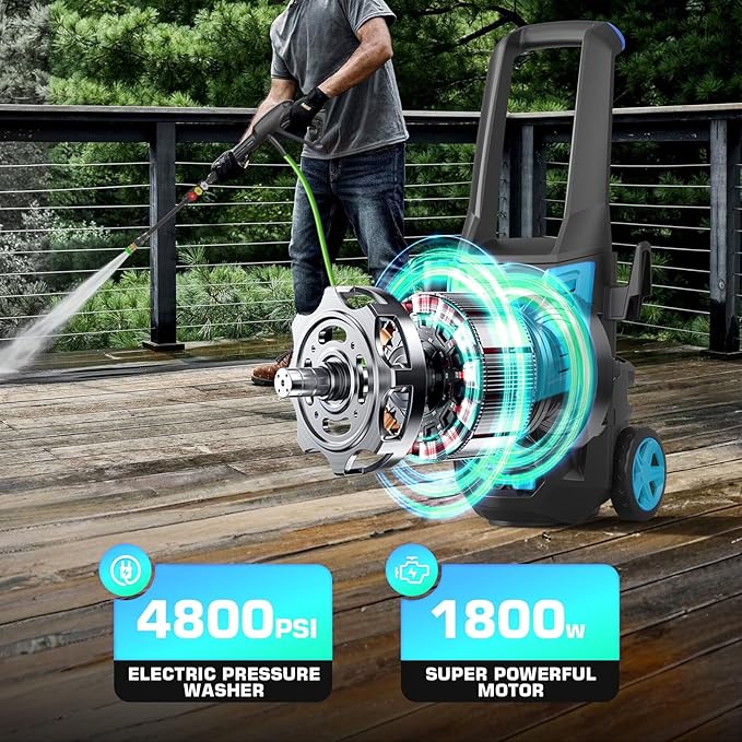 Electric Pressure Washer 5000PSI, High Power Washer with 33FT Hose Reel, 4 QC Nozzles and Soap Bottle, Power Cleaners Machine for Cars/Home/Driveways/Patios/Decks/Fences, Light Blue.