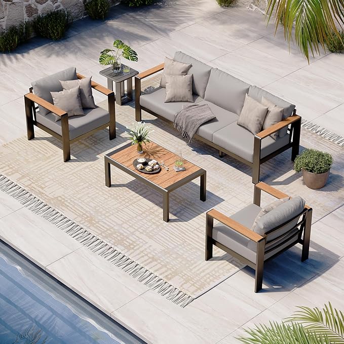 Aluminum Outdoor Patio Furniture Set with Coffee Table, 4 Piece Patio Conversation Sets with Washable Thick Cushions, Patio Sectional Furniture Set for Poolside, Balcony, Deck, Gray