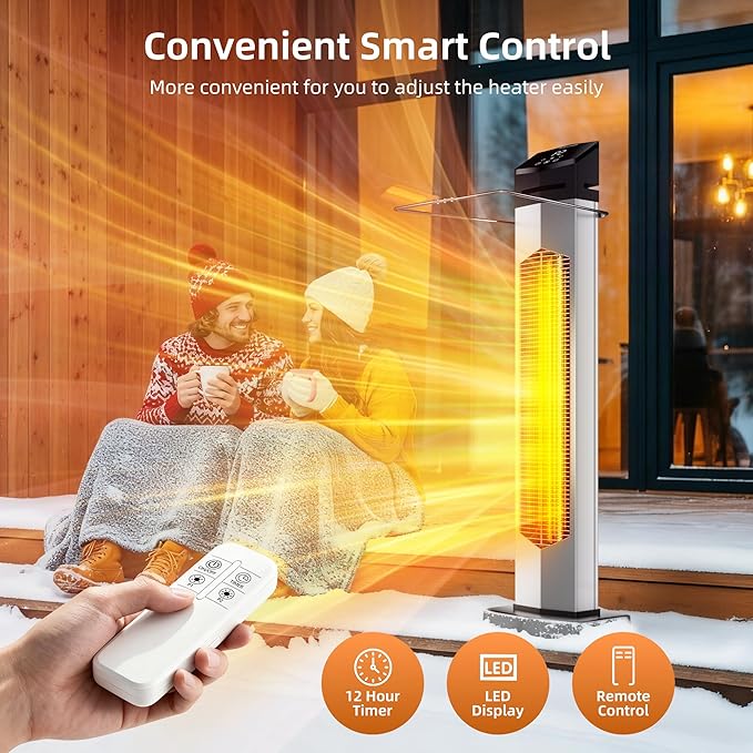 Outdoor Heaters for Patio, Electric Patio Heater with Remote, 12H Timer, IPX5 Waterproof, Tip-Over & Overheat Protection, Infrared Space Heater for Indoor, Porch, Garage, Large Room, Sliver