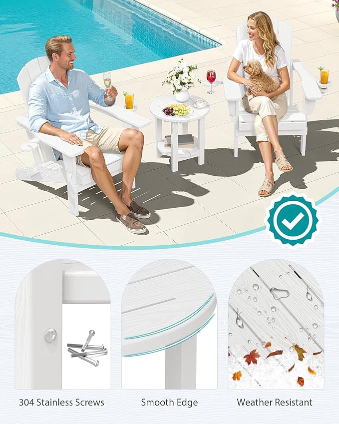SERWALL Round Outdoor Side Table Set of 2, HDPE Small Adirondack Double End Table, White