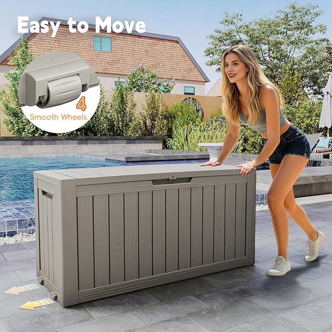 Outdoor Storage Box, 72 Gallon Waterproof Resin Deck Box, Storage Bin for Package Delivery, Patio Furniture Cushion, Garden Tools, Pool Accessories, Weatherproof and UV Resistant, Grey