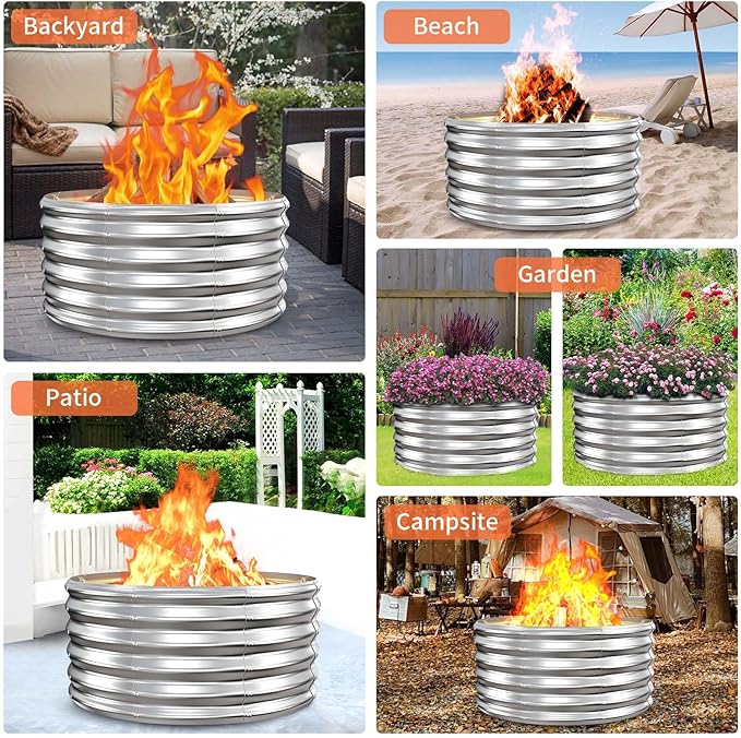 32 Inch Outdoor Fire Pit Ring,17'' Taller High Heat Resistant Wood Burning Firepit & Fireplace for Outside, Heavy Duty Galvanized Steel Fire Pits Bowl for Backyard Bonfire, Patio, Camping, Round
