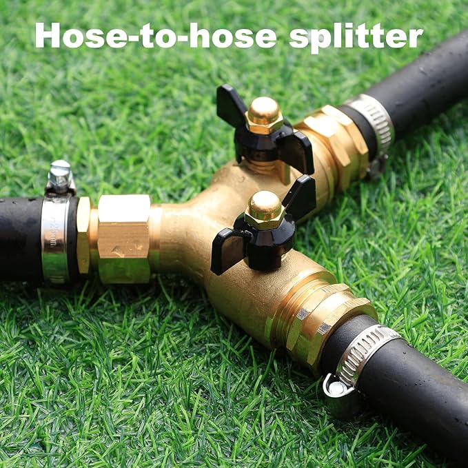 Garden Hose Splitter Full Flow Splitter No Restricted-Flow Connector Heavy Duty Brass Hose y Splitter, 2 way High Flow Hose Bib Adapter with Shut Off Valves (Butterfly Handle)