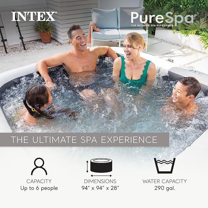 INTEX 28451EP PureSpa Greystone Deluxe Spa Set: Includes Energy Efficient Spa Cover and Wireless Control Panel – Spa Control App – Built-In FastFill Inflation System – 6 Person Capacity – 77" x 28"