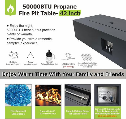 42 inch Propane Fire Pit Table, 2 in 1 Outdoor Fire Pit with 20lb Tank Cover, Outside Patio Deck and Garden, LED Gas Fireplace Table with Lid and Stone, 50,000 BTU Adjustable Flame, Black