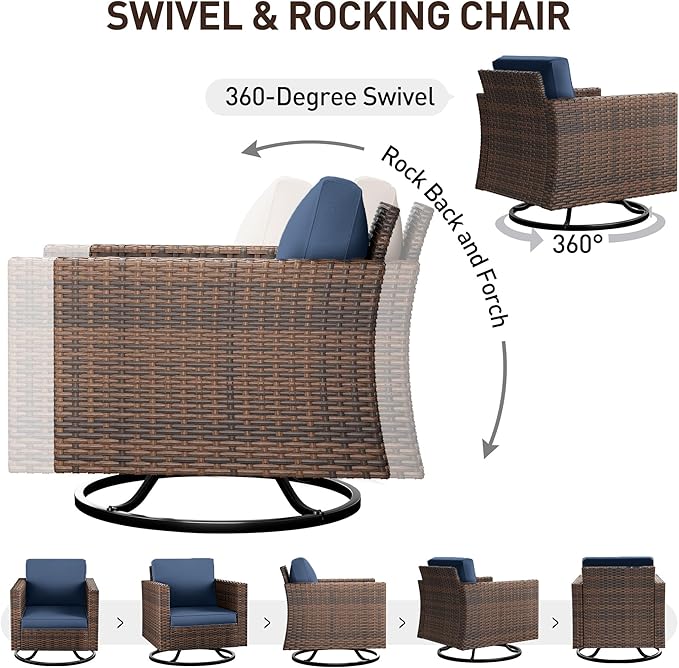 UDPATIO Patio Furniture Set, 6 Pieces Outdoor Furniture Sets with Rocking Swivel Chairs, Wicker Rattan Outdoor Conversation Set with Storage Table and Waterproof Covers for Backyard, Deck, Porch, Navy