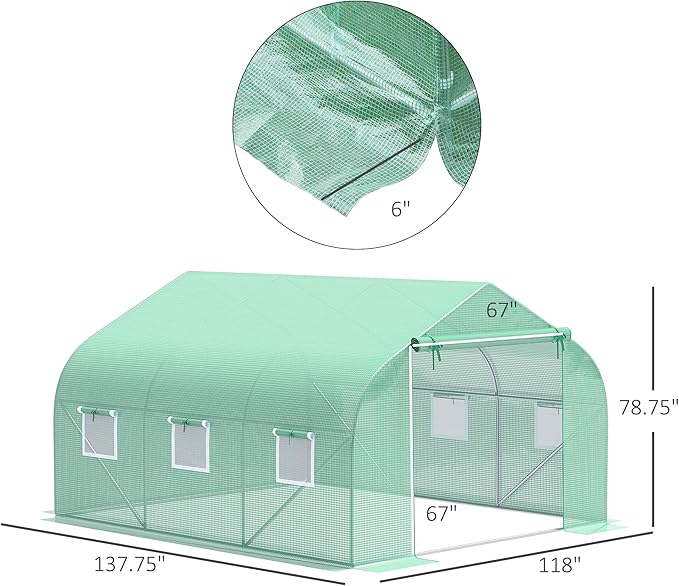 Outsunny 11.5' x 10' x 6.5' Outdoor Walk-in Greenhouse, Tunnel Green House with Roll-up Windows, Zippered Door, PE Cover, Heavy Duty Steel Frame, Green