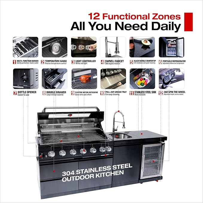85 Inches Propane Grills 6-Burner 85000 BTU Deluxe 304 Stainless Steel Gas Outdoor Kitchen Bar Barbecue Island Grill, Wine Cooler Compact Refrigerator, Granite Countertops, Stainless Steel Sink, Black