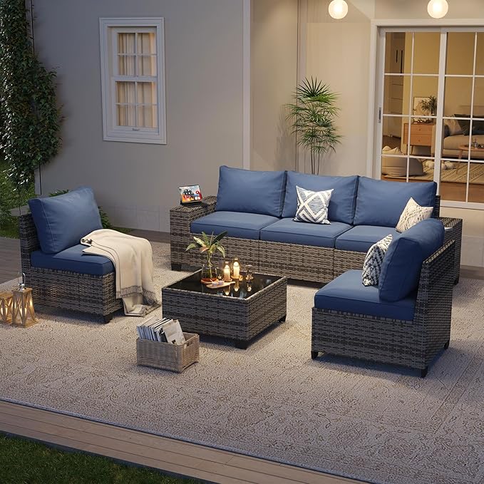 Aoxun Patio Furniture Set, 6 Pcs Outdoor Patio Furniture Sets with 4in Thicken Cushion, Widen Armrests Wicker Outdoor Sectional for Backyard (Waterproof Cover Include)
