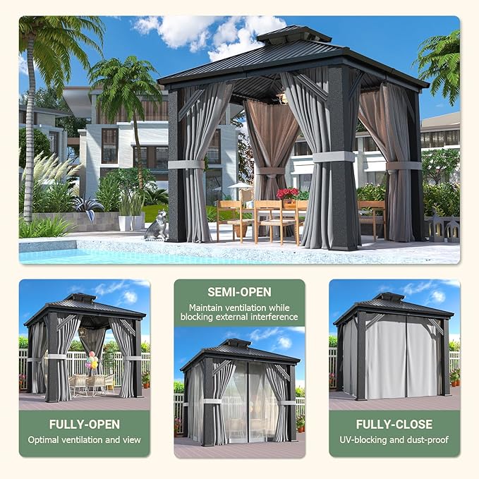 Besteagle 8’ x 8’ Hardtop Gazebo, Heavy Duty Aluminum Frame Outdoor Gazebo with Double Galvanized Steel Roof, Curtains & Netting Included, All-Weather Metal Gazebo for Patio, Lawn, Backyard