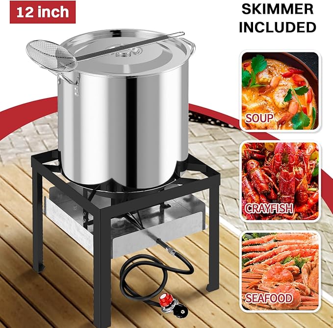 50QT Stainless Steel Crawfish Boiler | Seafood Boiling Kit | Cover & Skimmer Included | 110,000BTU Propane Jet Burner | 0-20 PSI CSA Certified Regulator | Crab Boil Pot for Outdoor Backyard Cooking