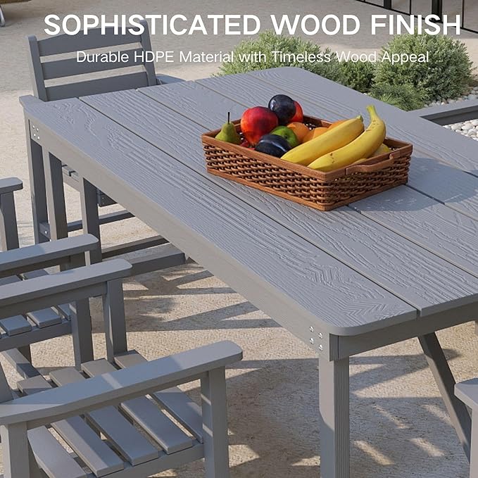 Kingdura 7 Piece Patio Dining Set for 6, HDPE Outdoor Table & Chairs with Umbrella Hole, All-Weather Outdoor Furniture Patio Conversation Set for Lawn Pool Backyard, Grey