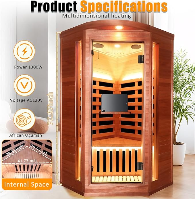 RIGO Pentagonal Single-Person Infrared Sauna Room – 1300W far-Infrared Heating, Made of Okoume Wood, Home Sauna, Equipped with Colorful LED Lighting and Bluetooth Speaker, 37.4 * 37.4 * 71 inches