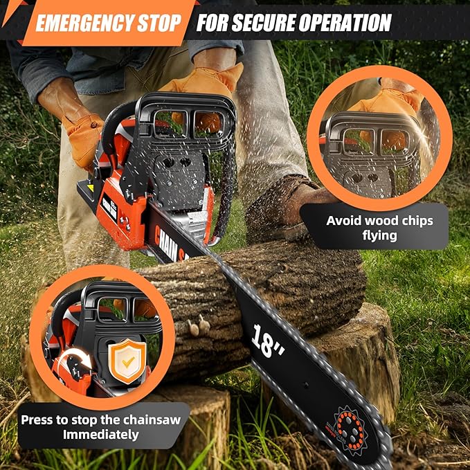 62CC Gas Chainsaw, Professional Chainsaw with 2-Stroke Engine, 18inch & 22inch Chain Saw Bar, Ergonomic Non-Slip Handle & Dual Fuel Tanks for Tree Wood Cutting