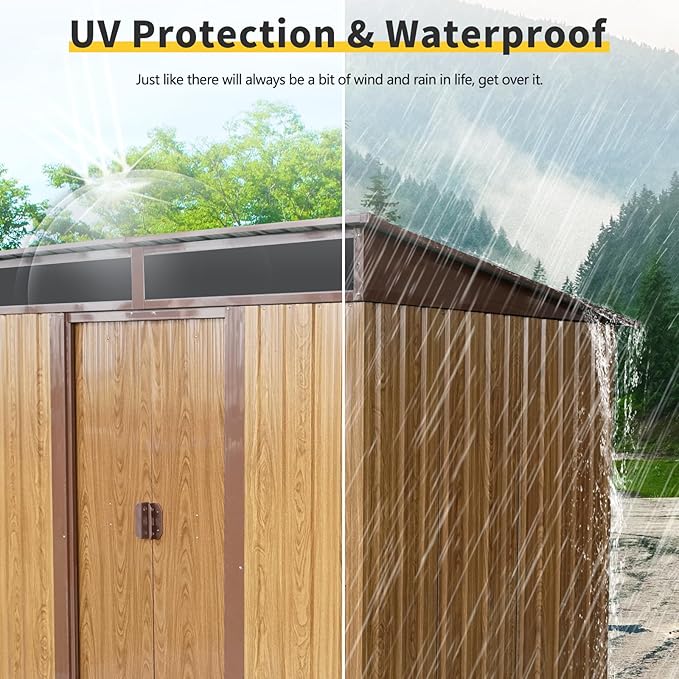 6X5 FT Outdoor Storage Shed, Waterproof Metal Garden Sheds with Lockable Door, Steel Tool Storage Buildings Shed & Outdoor Storage House for Garden, Backyard, Patio, Lawn, Trash Cans(Coffee)