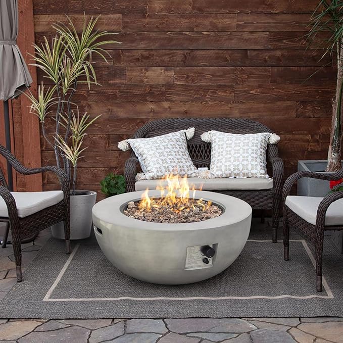 31.5" Round Propane Fire Pit Table,50,000 BTU Outdoor Concrete Gas Firepit with Lava Rocks & Rain Cover,Modern Patio Coffee Table for Backyard and Deck