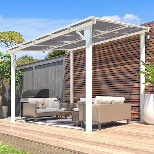 AECOJOY 10' x 8' Pergolas and Gazebos on Clearance in White, Large Wall Mounted Pergola, Outdoor Patio Lean to Gazebo Metal Awnings for Decks,Patio, Porch, Backyard and More