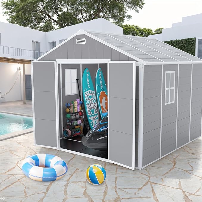 8X8 FT Resin Outdoor Storage Shed, Plastic Garden Sheds with Floor to Store Patio Furniture, Gardening Tools, Outside Patio Storage House with Window &Lockable Door for Backyard, Lawn, Grey